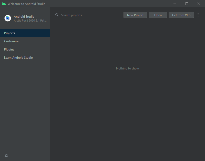 Android Studio's welcome window.